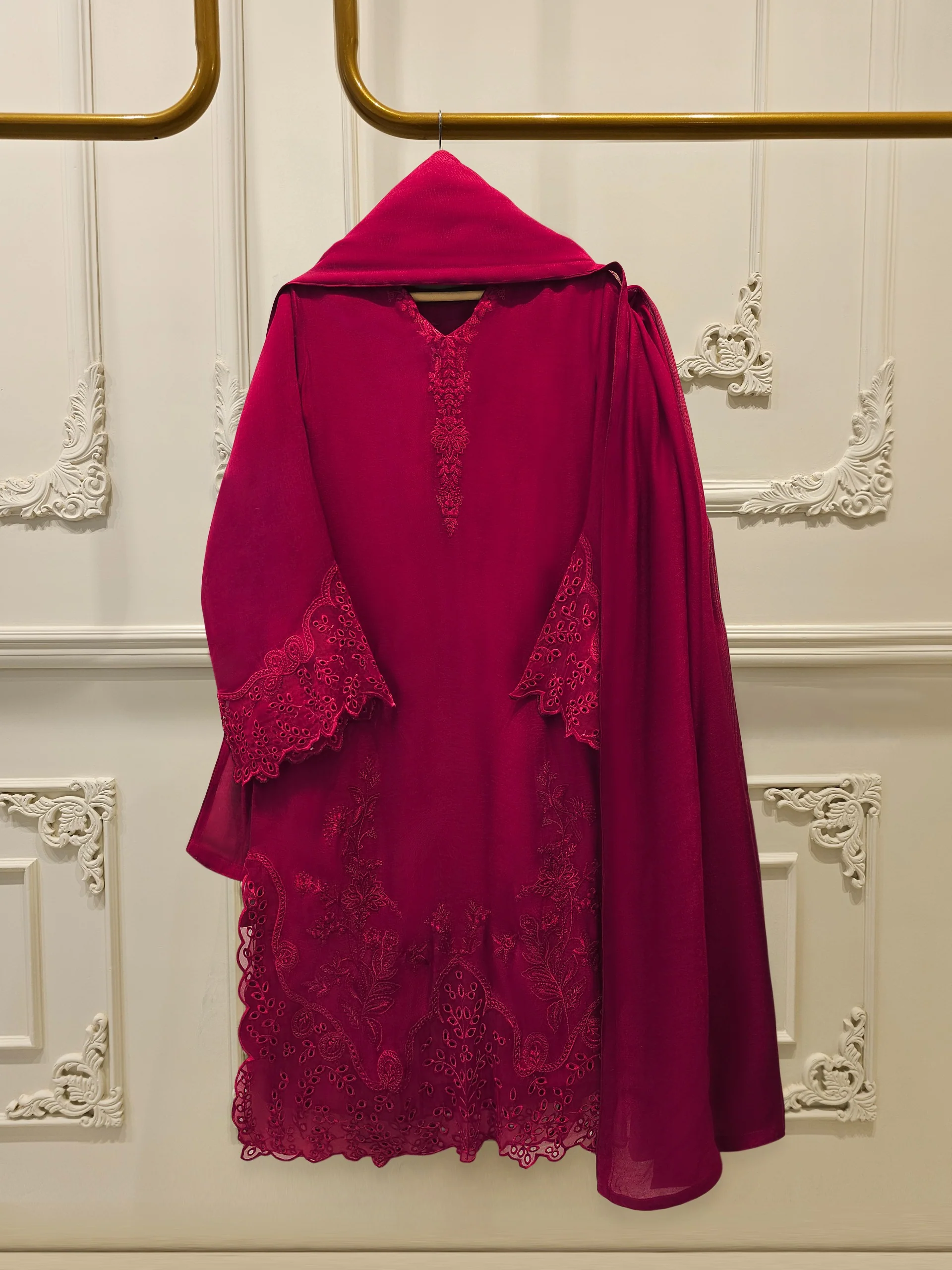 3 Piece - Pure Embroidered Cotton Net Suit S114089