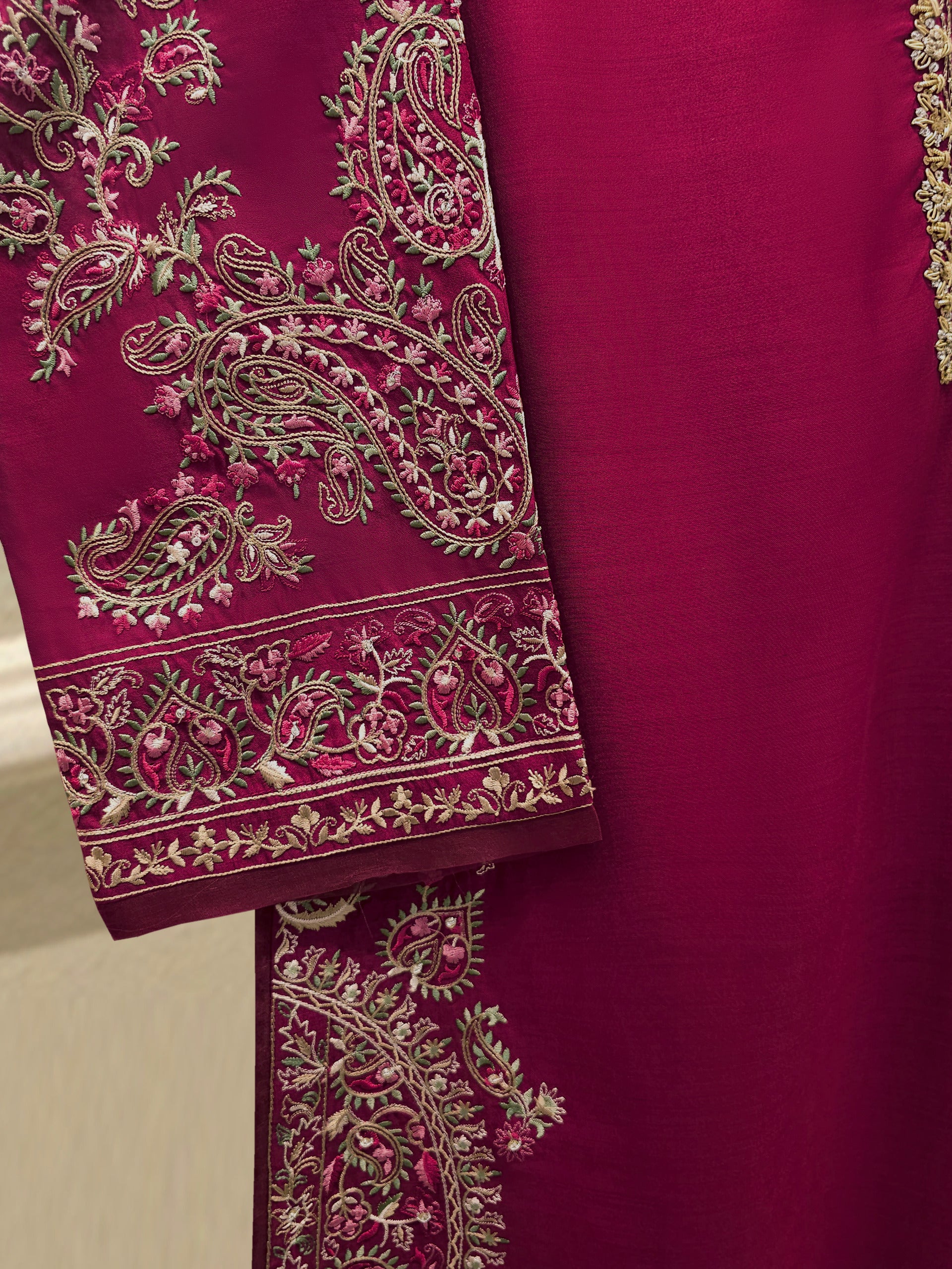 3 Piece- Pure Khadi Silk Embroidered Suit S113723 - Image 3