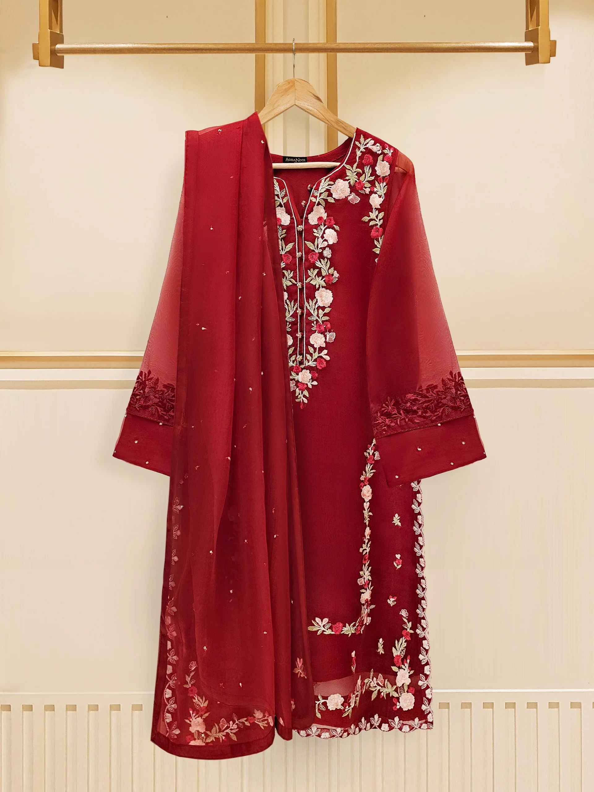 3 Piece - Pure Organza Embroidered Suit S109172