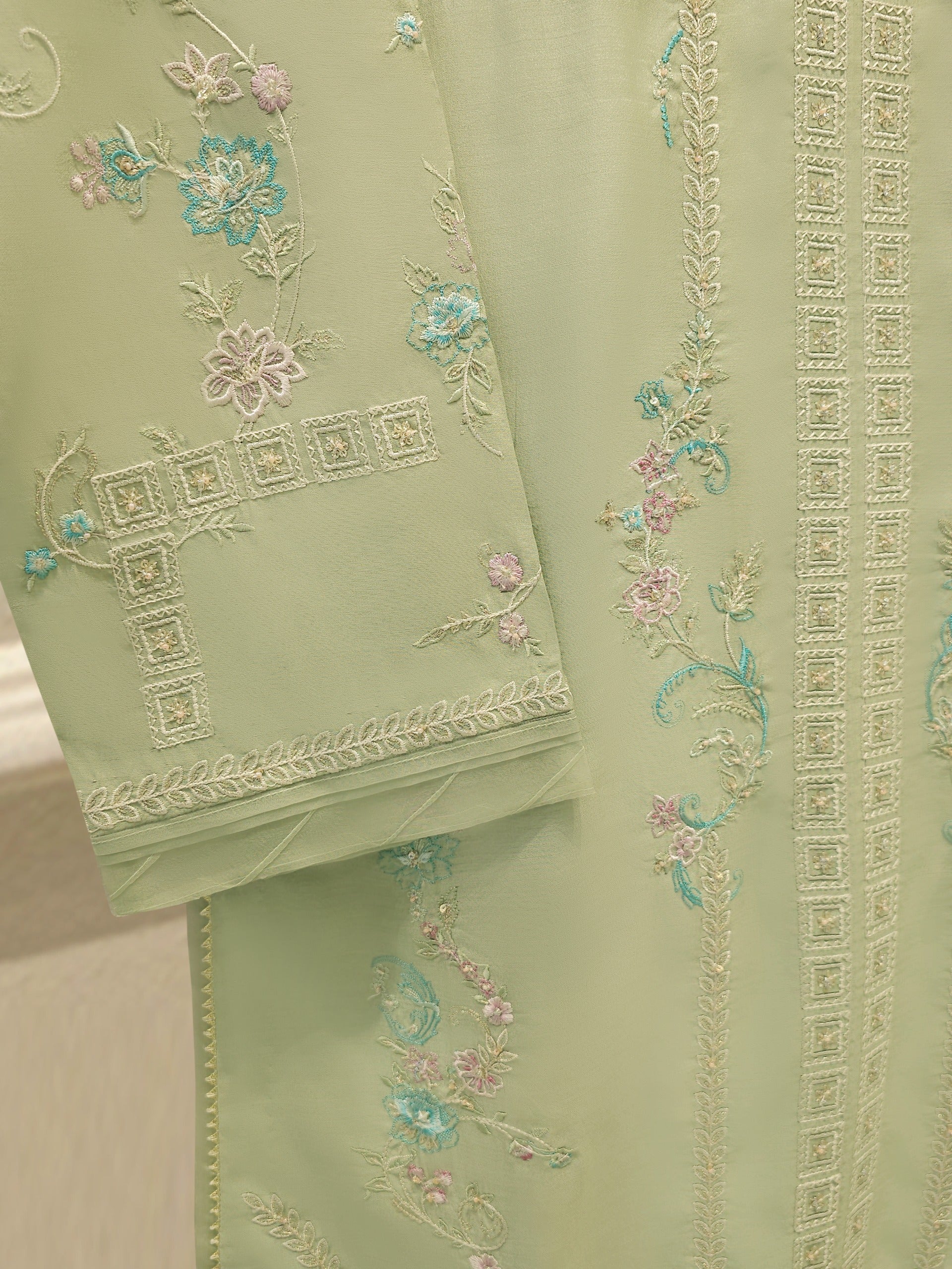 3 Piece- Pure Khaddi Silk Embroidered Suit S114344 - Image 3