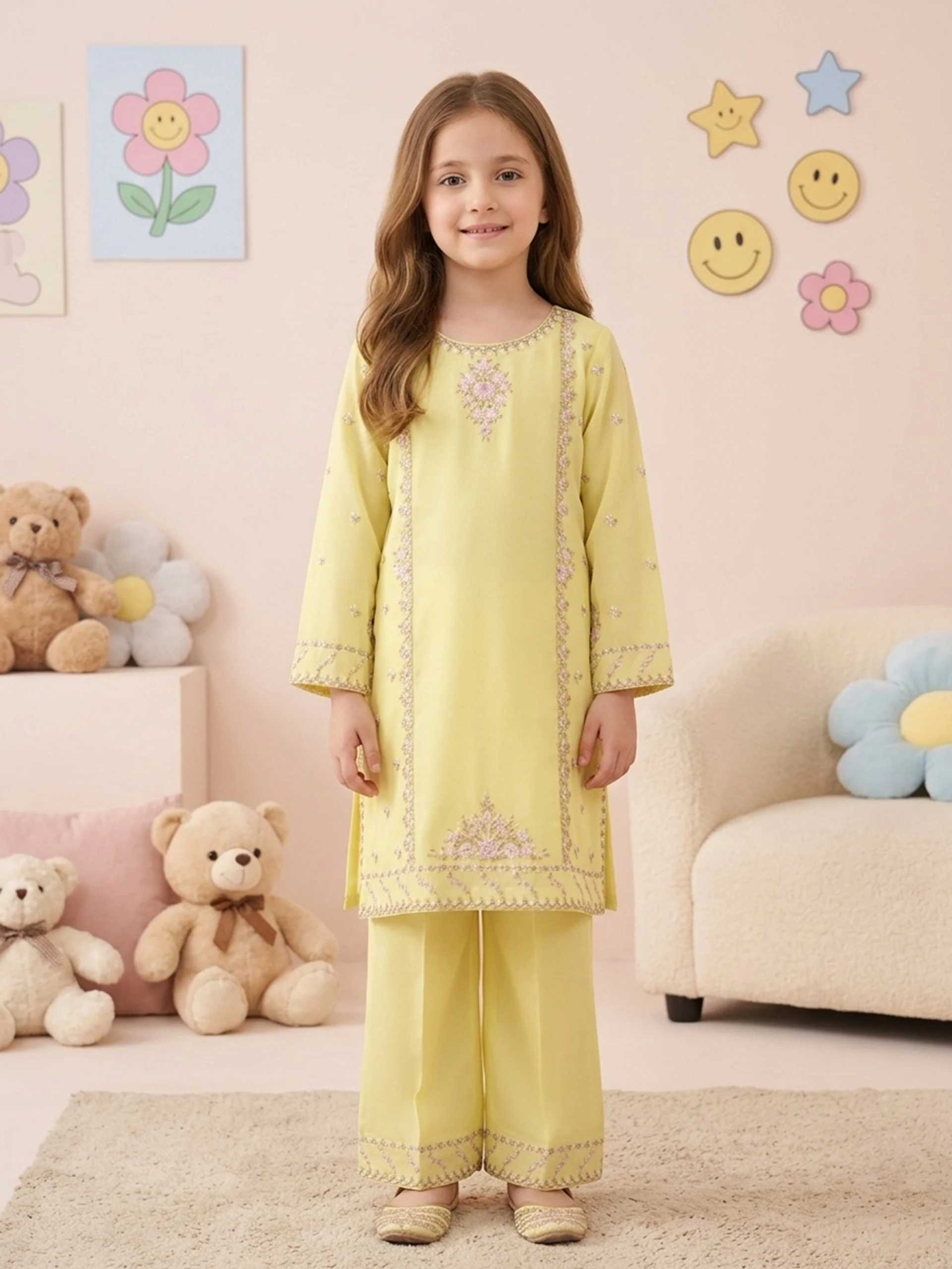 (Kids) 2 Piece - Embroidered Cambric Suit KD-013 - Image 2