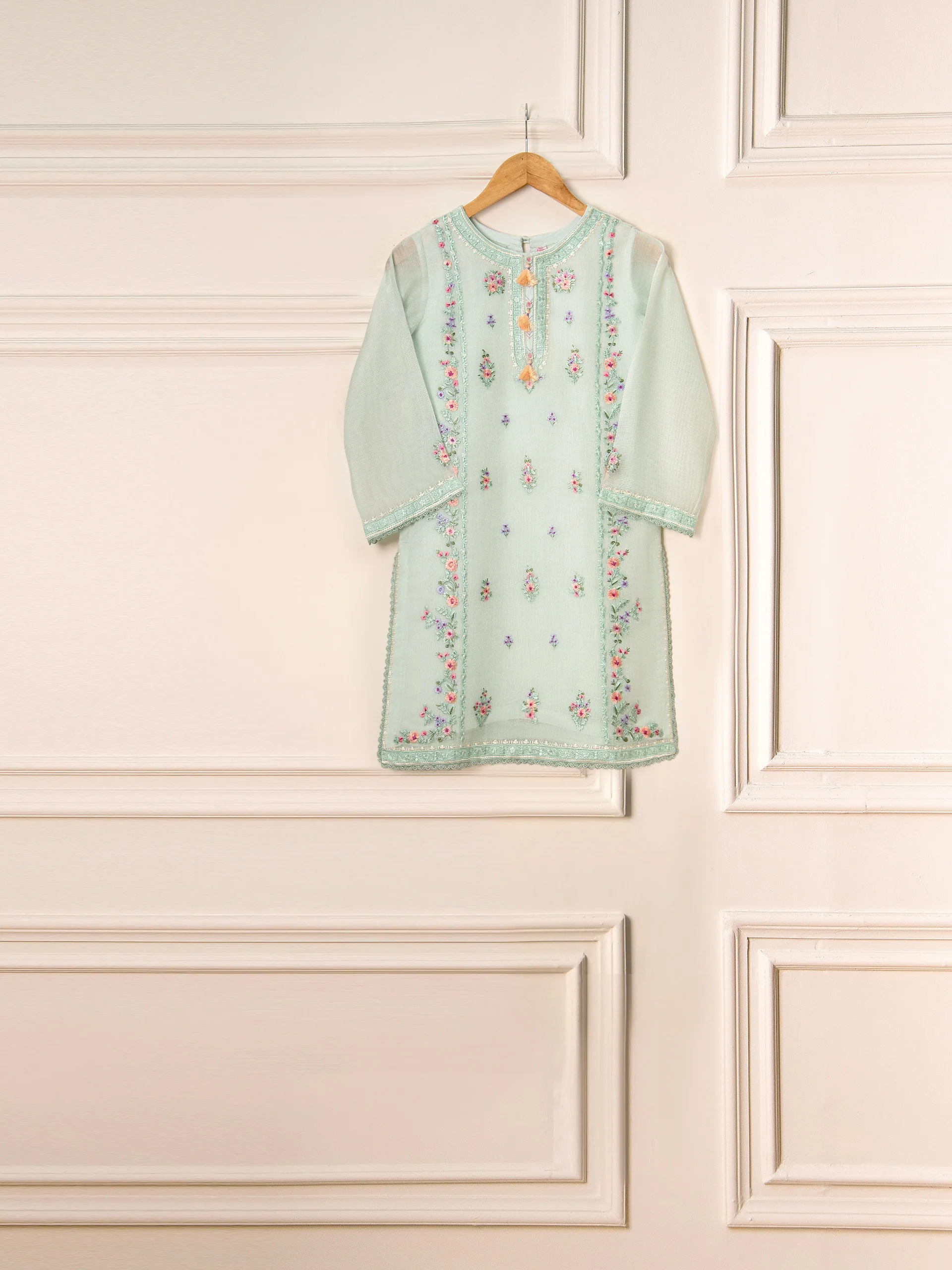 (Kids) 2 Piece - Embroidered Cotton Net Suit KD-018