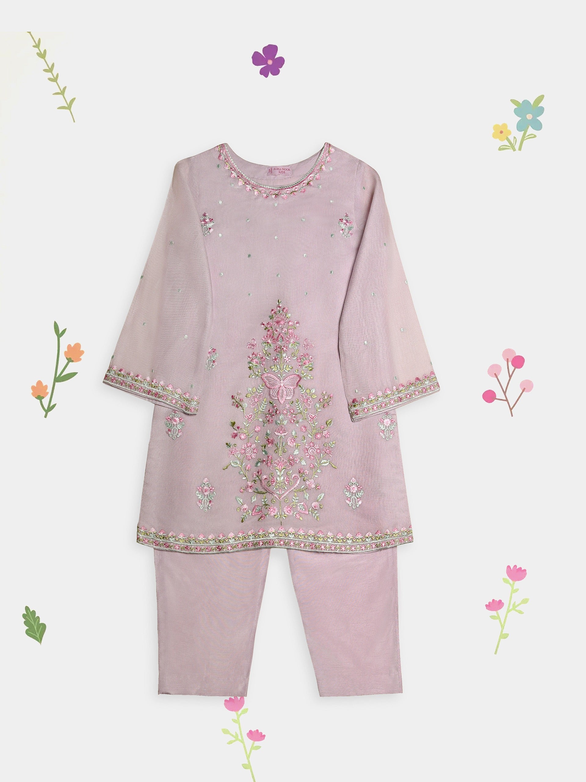 (Kids) 2 Piece - Embroidered Cotton Net Suit KD096