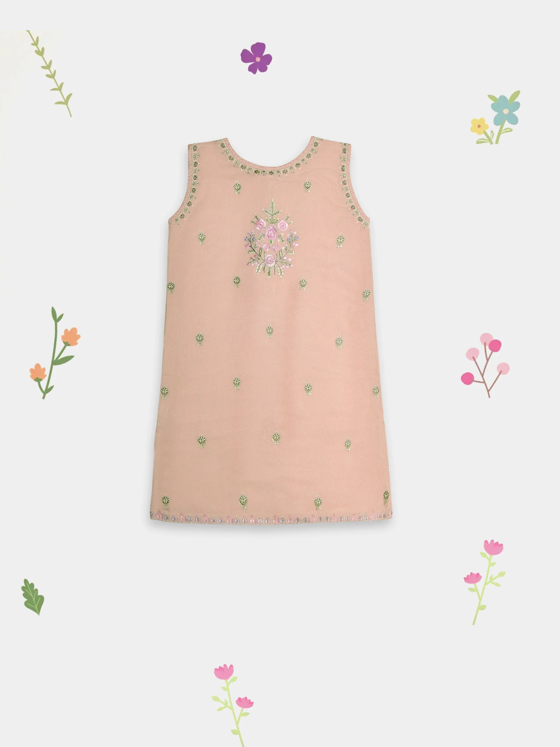 (Kids) 2 Piece - Embroidered Cotton Net Suit KD089 - Image 4
